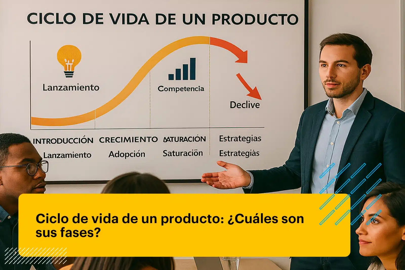 líder de marketing explicando sobre el ciclo de vida del producto a su equipo