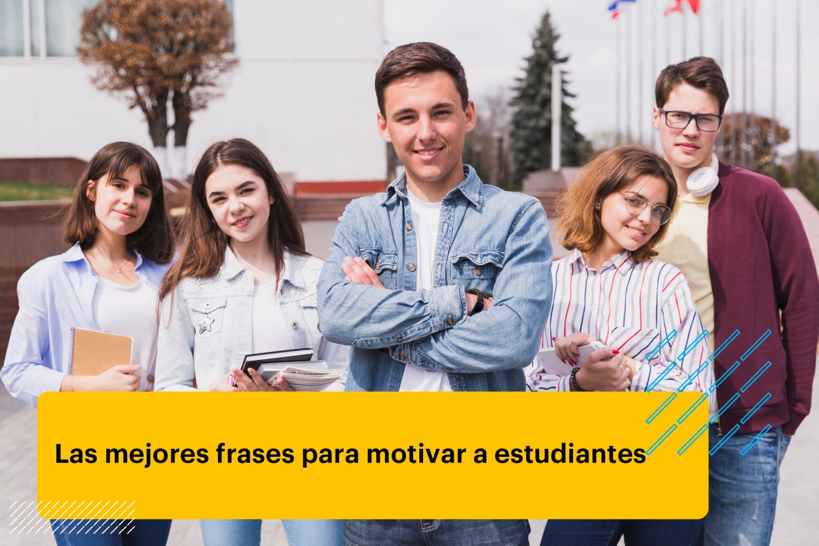 grupo de jóvenes estudiantes con libros mirando a la cámara