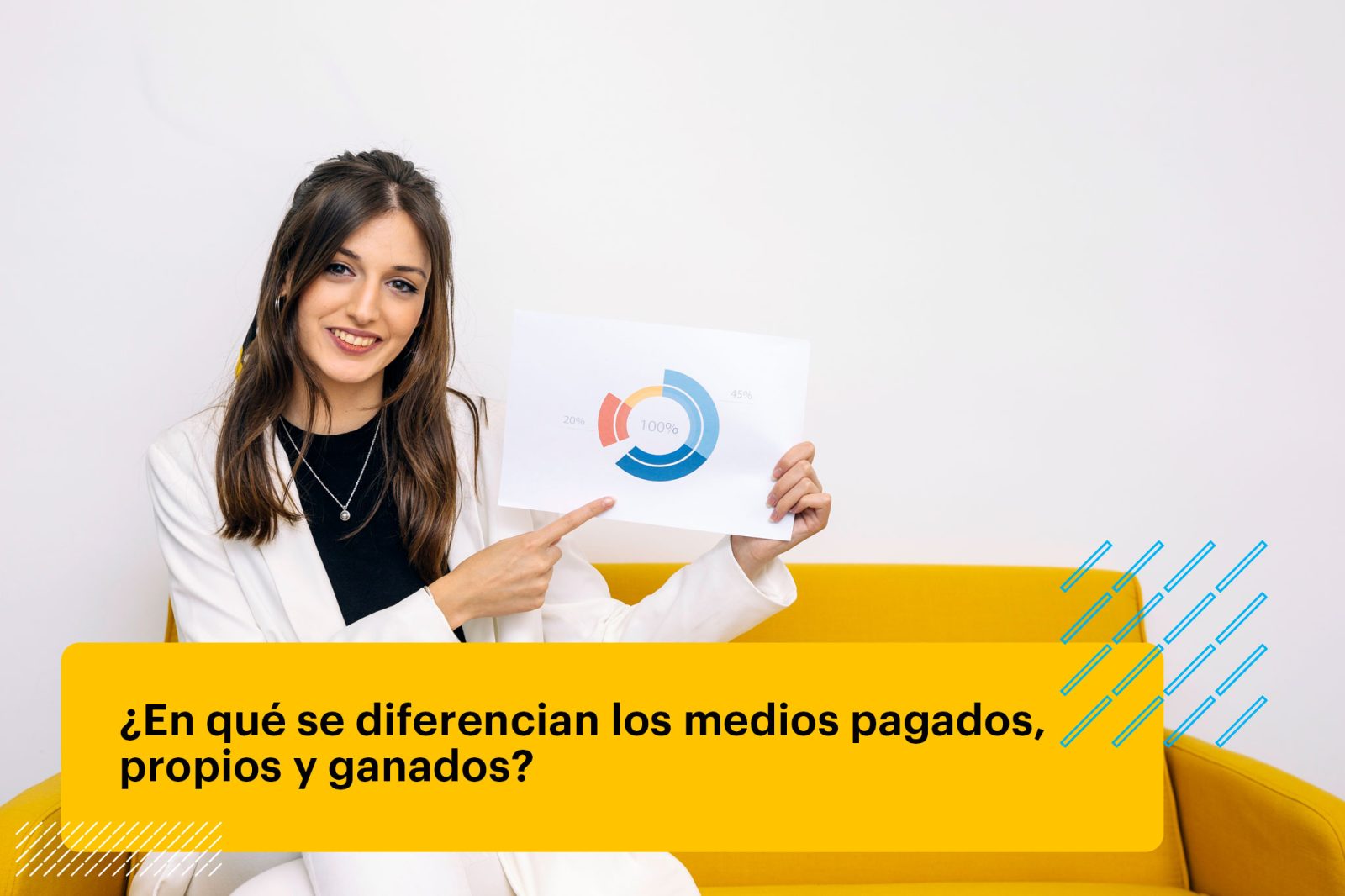 joven mujer de negocios sentada en un sofá amarillo mostrando un gráfico