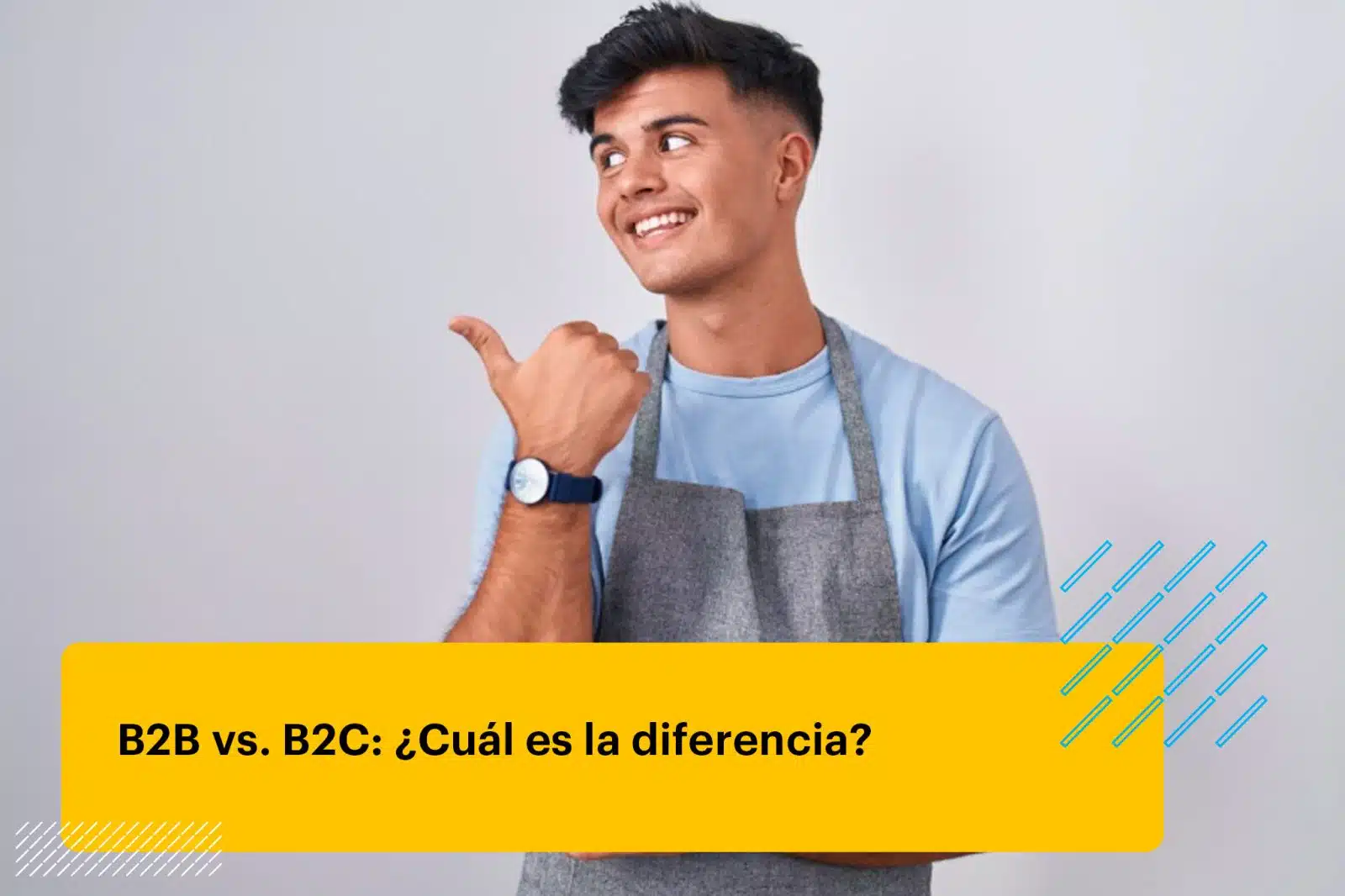 joven hispano con delantal sobre fondo blanco sonriendo con cara feliz
