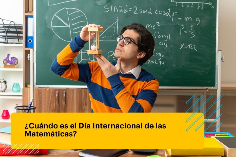 profesor de matemáticas sentado en un escritorio con herramientas escolares en el aula